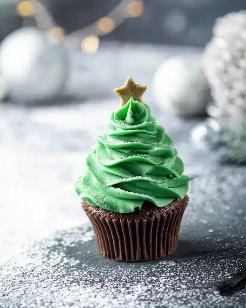 Easy Christmas tree cupcake with green frosting and golden star topper for caramel apple cheesecake bars recipe