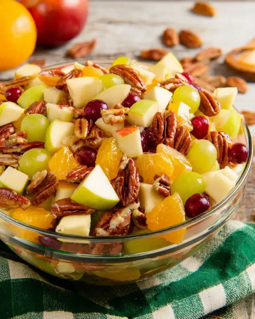 Finished Thanksgiving fruit salad with apples, grapes, oranges, and pecans