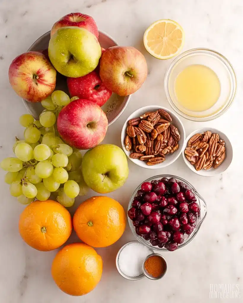 Thanksgiving fruit salad ingredients with apples, oranges, grapes, and pecans