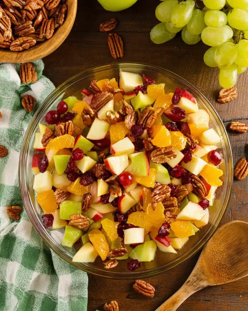 Colorful Thanksgiving fruit salad with apples, oranges, grapes, pecans, and cranberries in a glass bowl