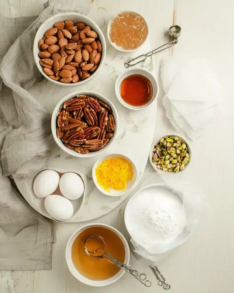 Homemade torrone ingredients including nuts, honey, sugar, lemon zest, and eggs on a marble surface