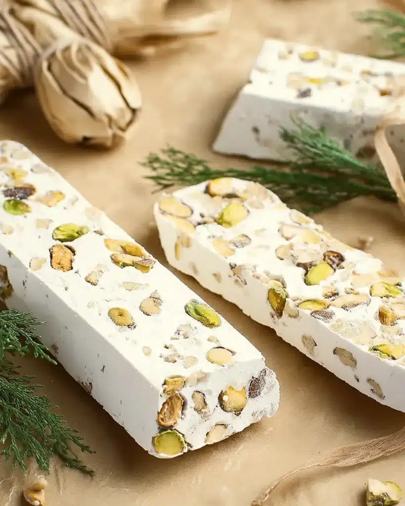 Homemade torrone nougat bars with pistachios on parchment with holiday tags