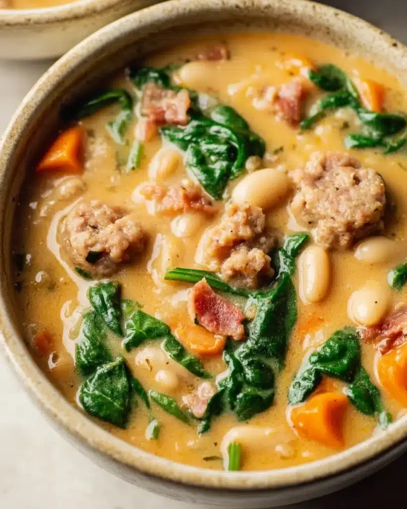 Bowl of creamy white bean soup with sausage, bacon, and spinach