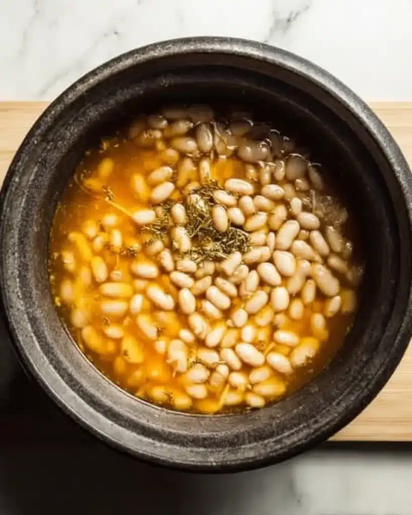 White beans simmering in golden broth for white bean soup