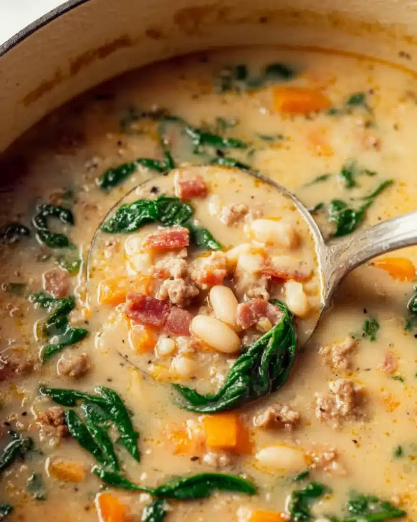 Ladle scooping creamy white bean soup with sausage and spinach