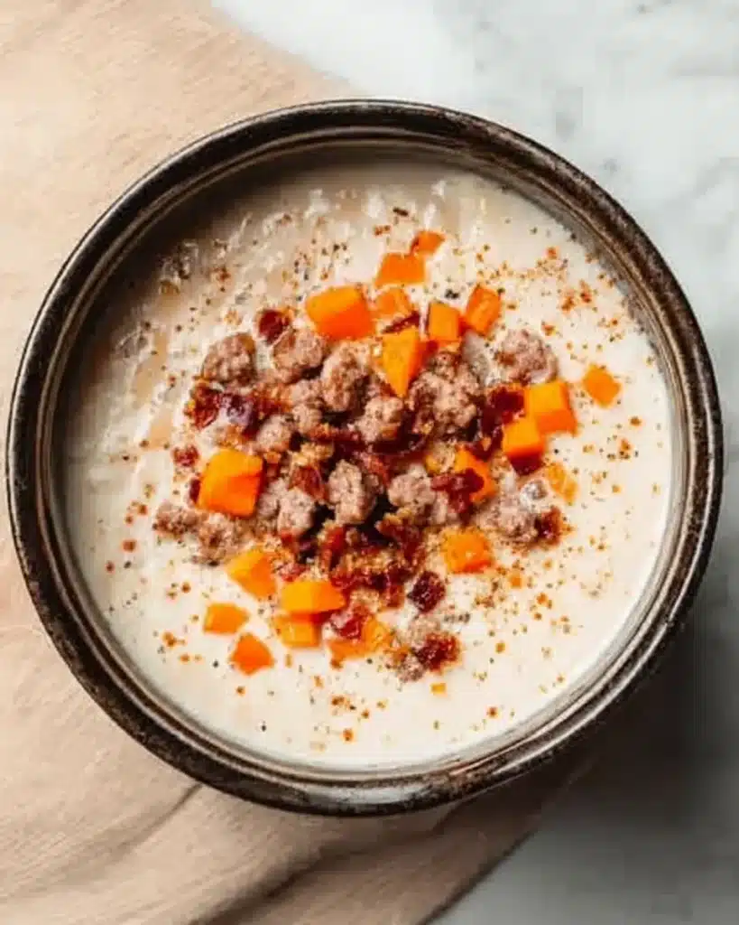 Adding sausage and carrots to creamy white bean soup in a pot