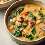 Bowl of creamy white bean soup with sausage, bacon, spinach, and carrots