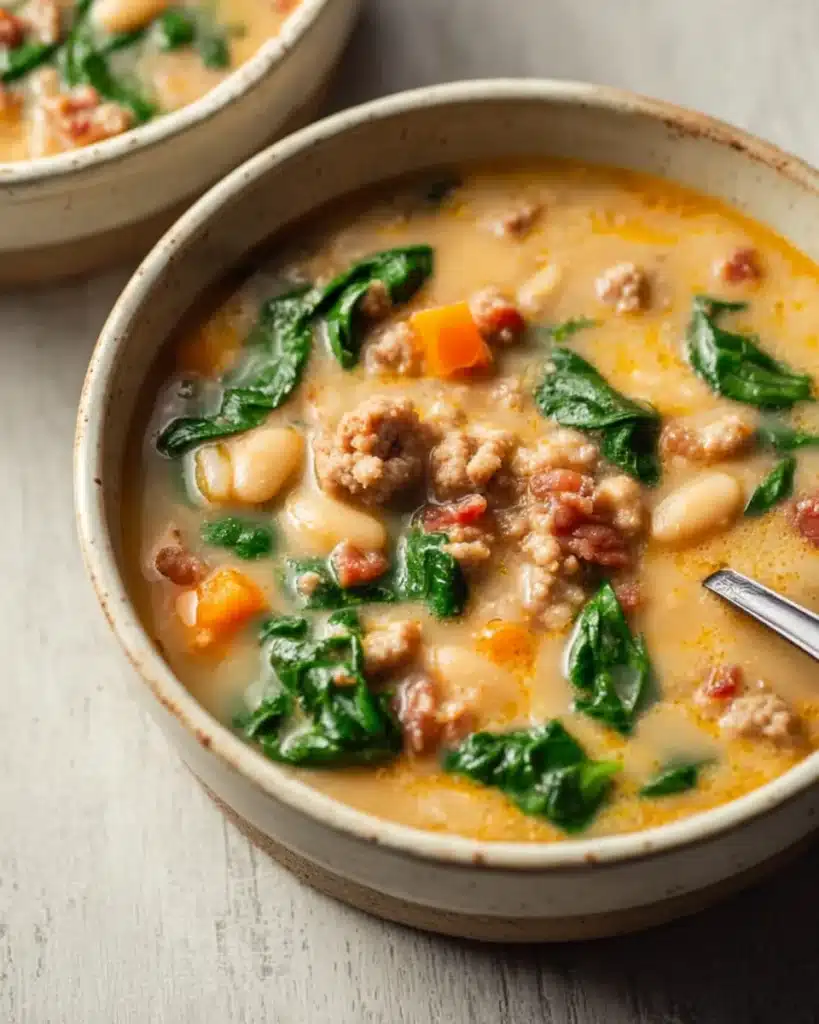 Bowl of creamy white bean soup with sausage, bacon, spinach, and carrots