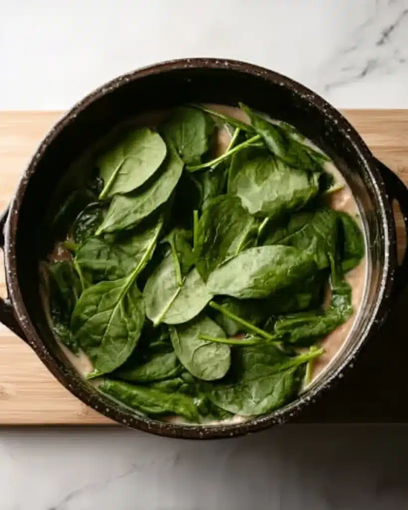 Fresh spinach added to creamy white bean soup in a pot