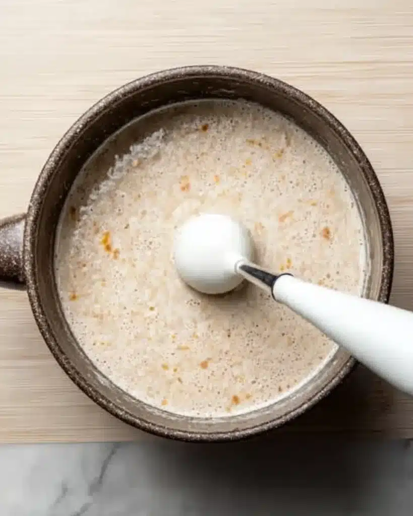 Blending white bean soup with an immersion blender in a pot