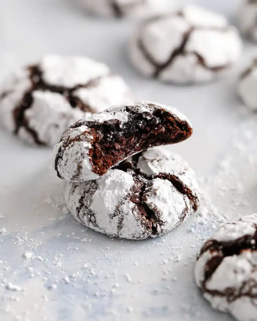 Chocolate crinkle cookie broken in half showing fudgy chocolate center