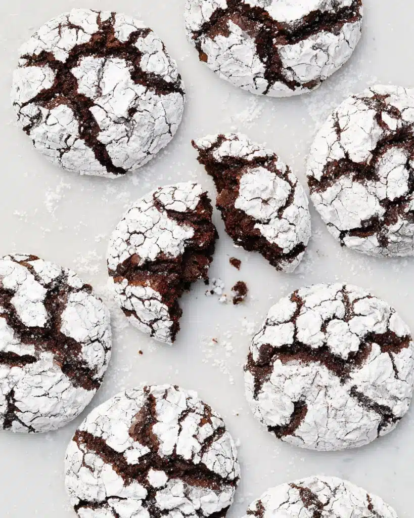 Close-up of chocolate crinkle cookies with one broken showing fudgy center