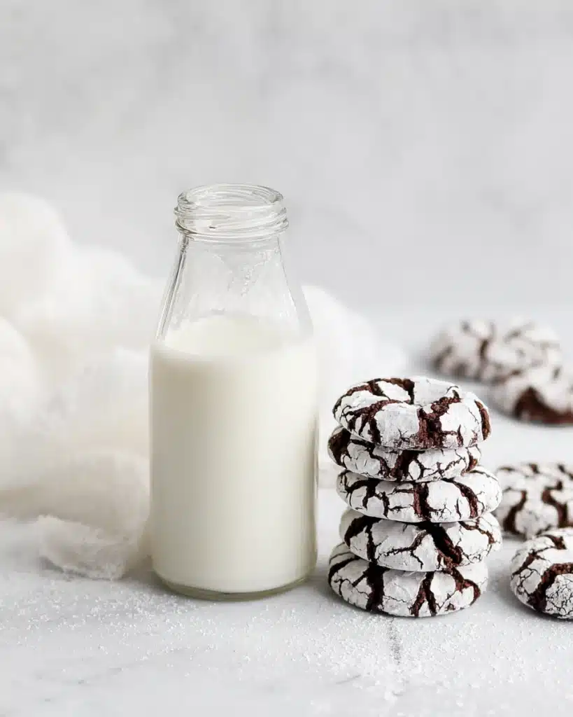 Glass bottle of milk with chocolate crinkle cookies coated in powdered sugar