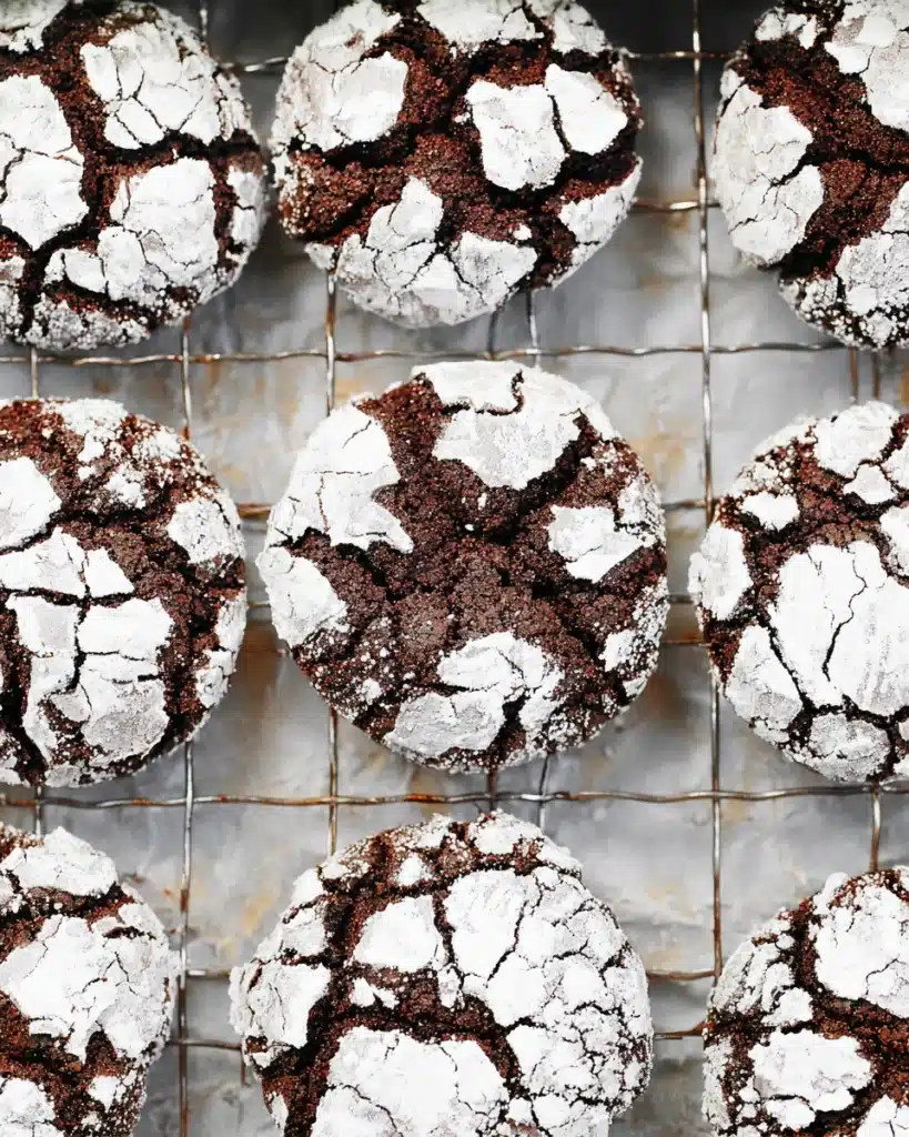 Freshly baked chocolate crinkle cookies with powdered sugar cracks on cooling rack