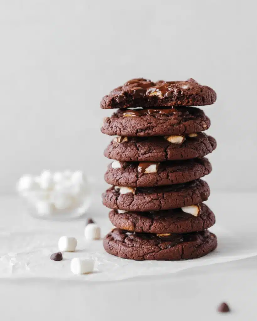 Stack of hot chocolate cookies with marshmallows on parchment