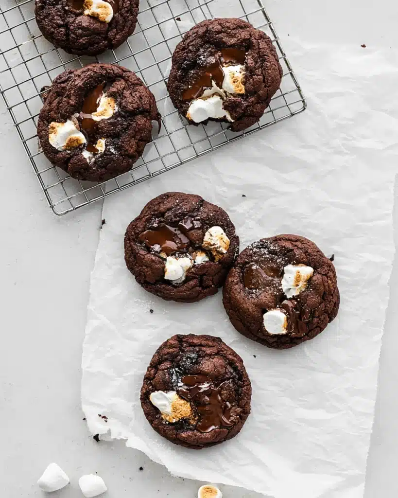 Vegan hot chocolate cookies with gooey marshmallows on parchment and cooling rack