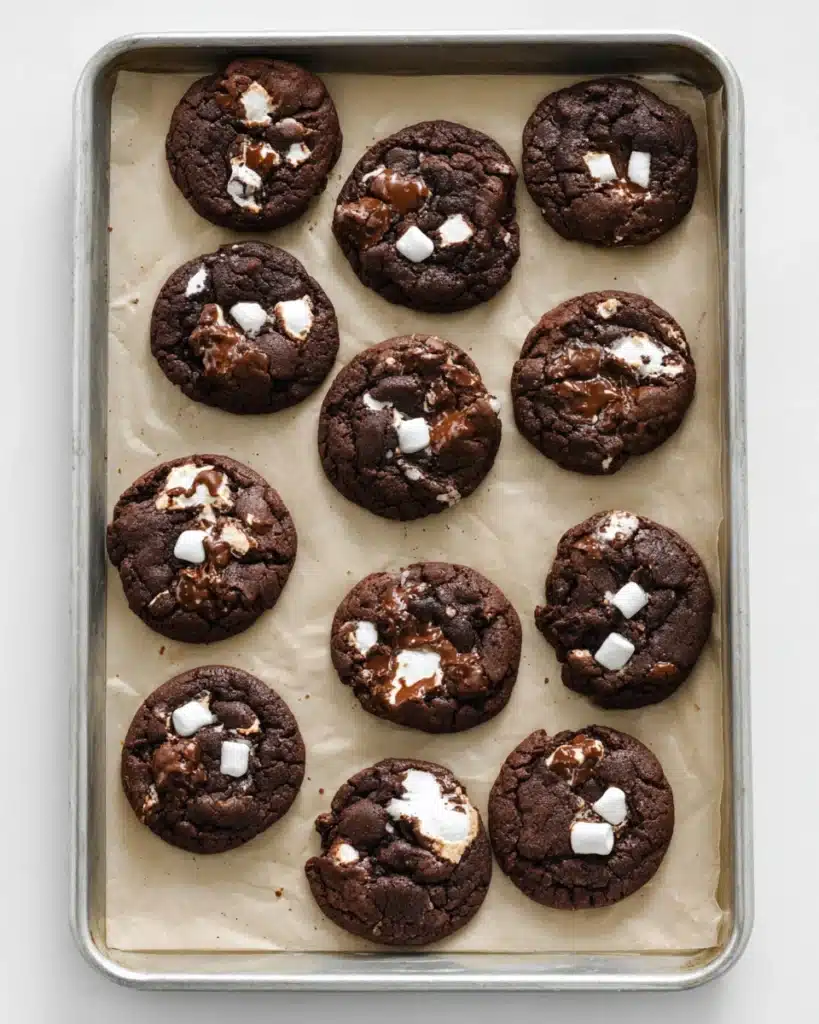 Freshly baked hot chocolate cookies with marshmallows on tray