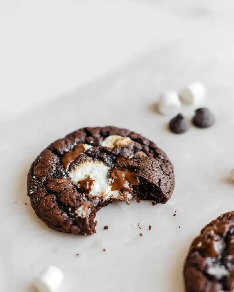 Bitten hot chocolate cookie with gooey marshmallow center