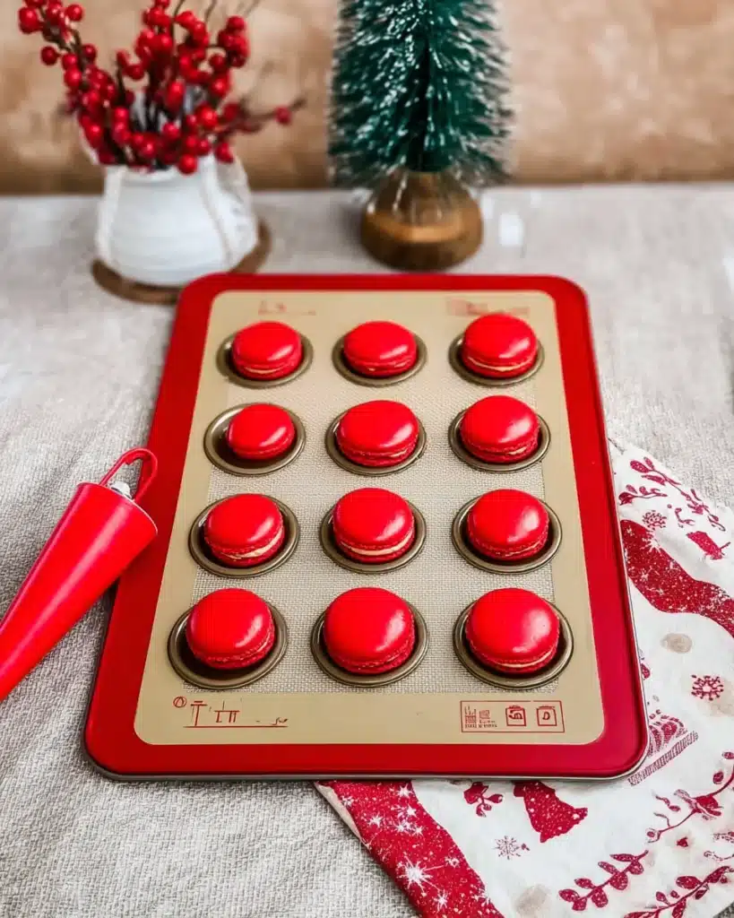 Red macaron shells piped on silicone baking mat for Santa Claus macarons