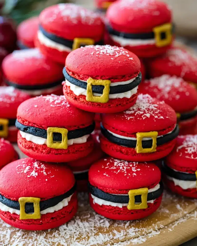 Santa Claus macarons with red shells, white filling, and yellow belt buckles