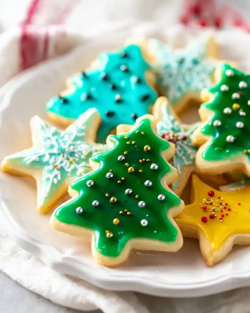 Vegan Christmas sugar cookies with glossy icing and festive sprinkles on a white plate