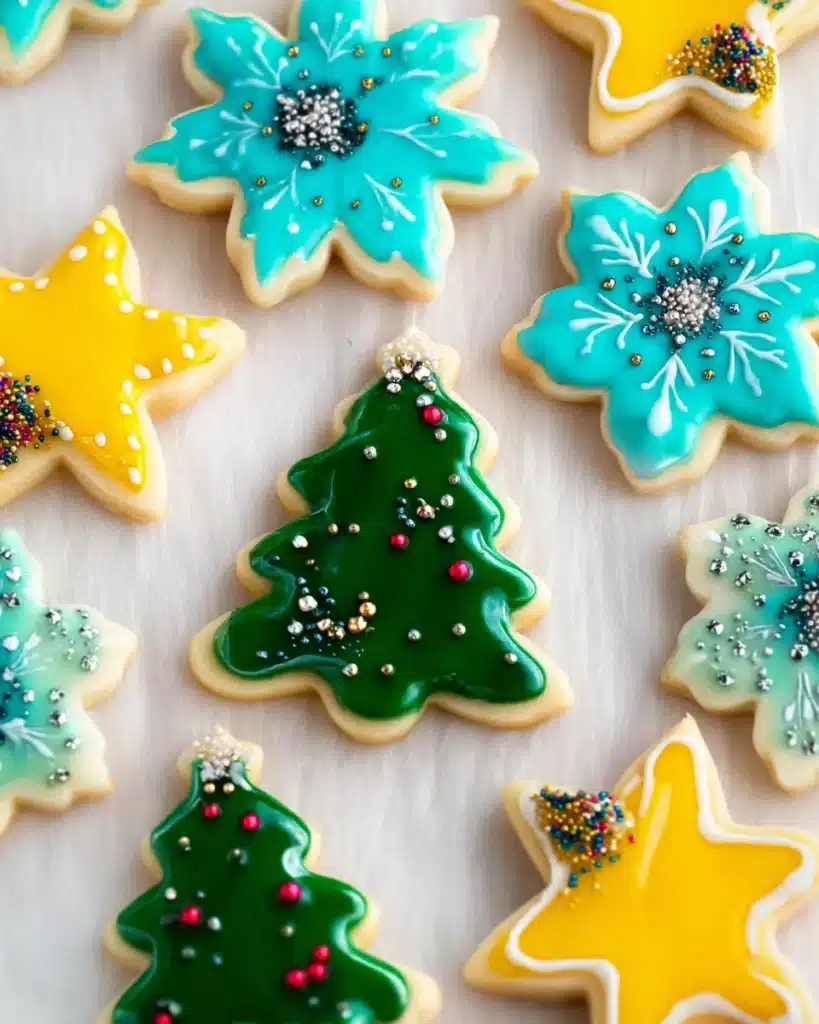 Colorful vegan Christmas sugar cookies with glossy icing and festive sprinkles