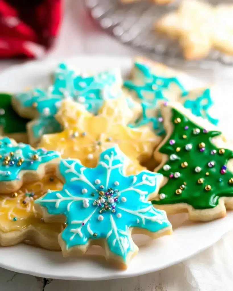 Vegan Christmas sugar cookies with colorful icing on a white plate