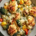 Creamy winter vegetable casserole with broccoli, cauliflower, and crispy breadcrumb topping in a white bowl