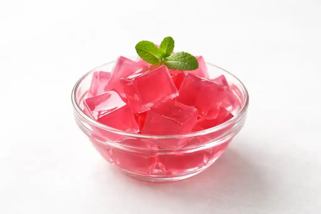 3 ingredient gelatin trick recipe featured bowl of pink gelatin cubes