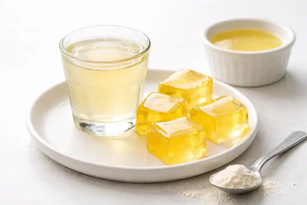 Gelatin trick ingredients drink and cubes with unflavored gelatin