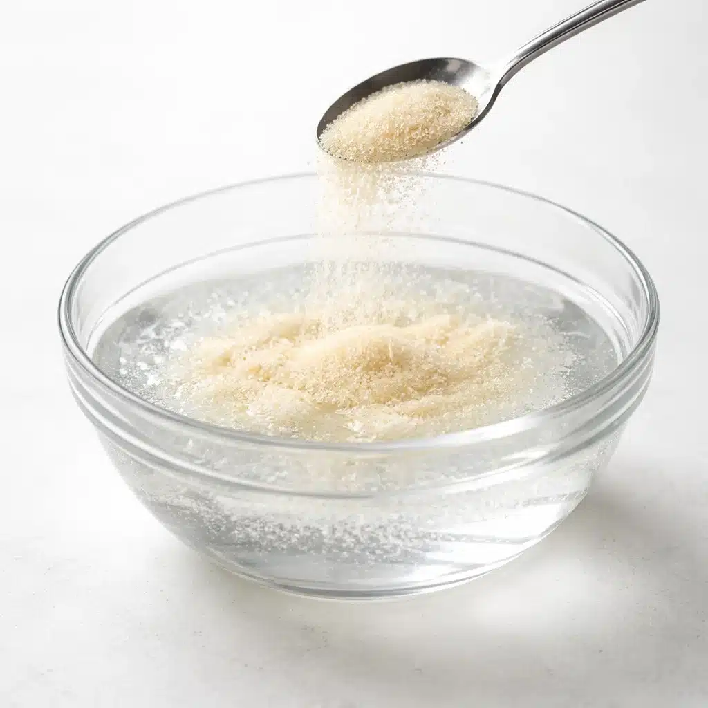 Blooming gelatin for gelatin trick recipe in a glass bowl