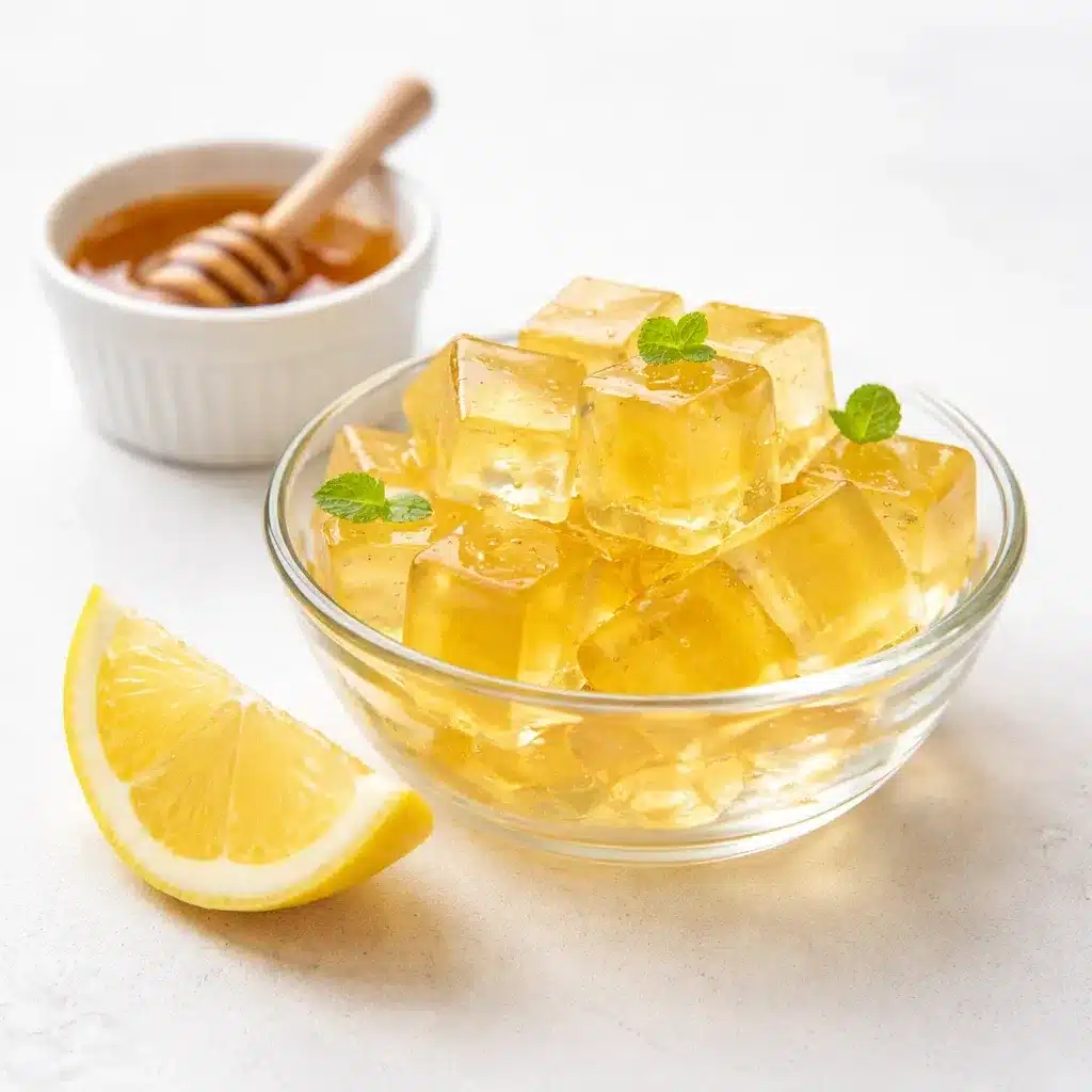 Honey lemon gelatin trick recipe cubes on a white background