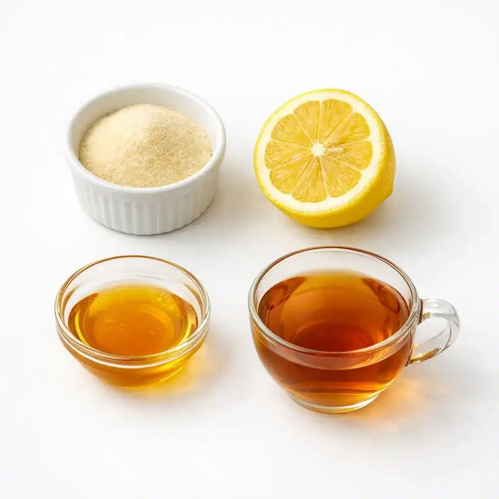 collagen gelatin trick ingredients flat lay with gelatin lemon and tea