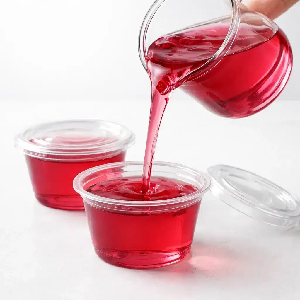 Portioning pink gelatin into cups for pre meal bites